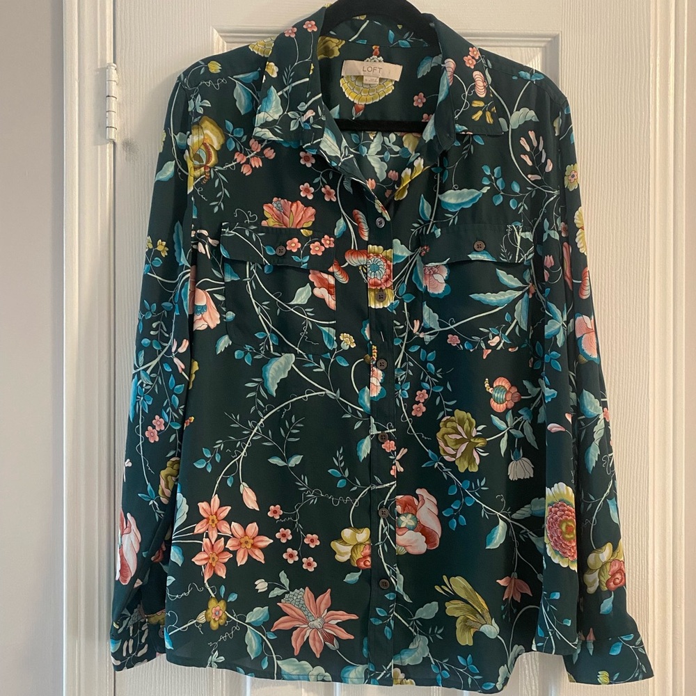LOFT Floral Button Down Shirt - Dark Green Multi